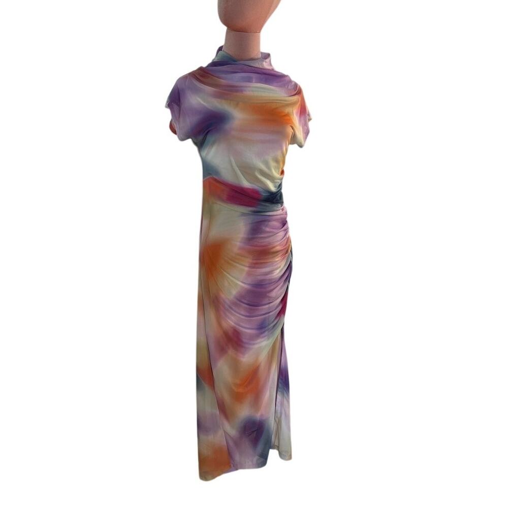 NWOT Anthropologie Maya Ruched Midi Dress Mesh Jersey Lined SS Multicolor S